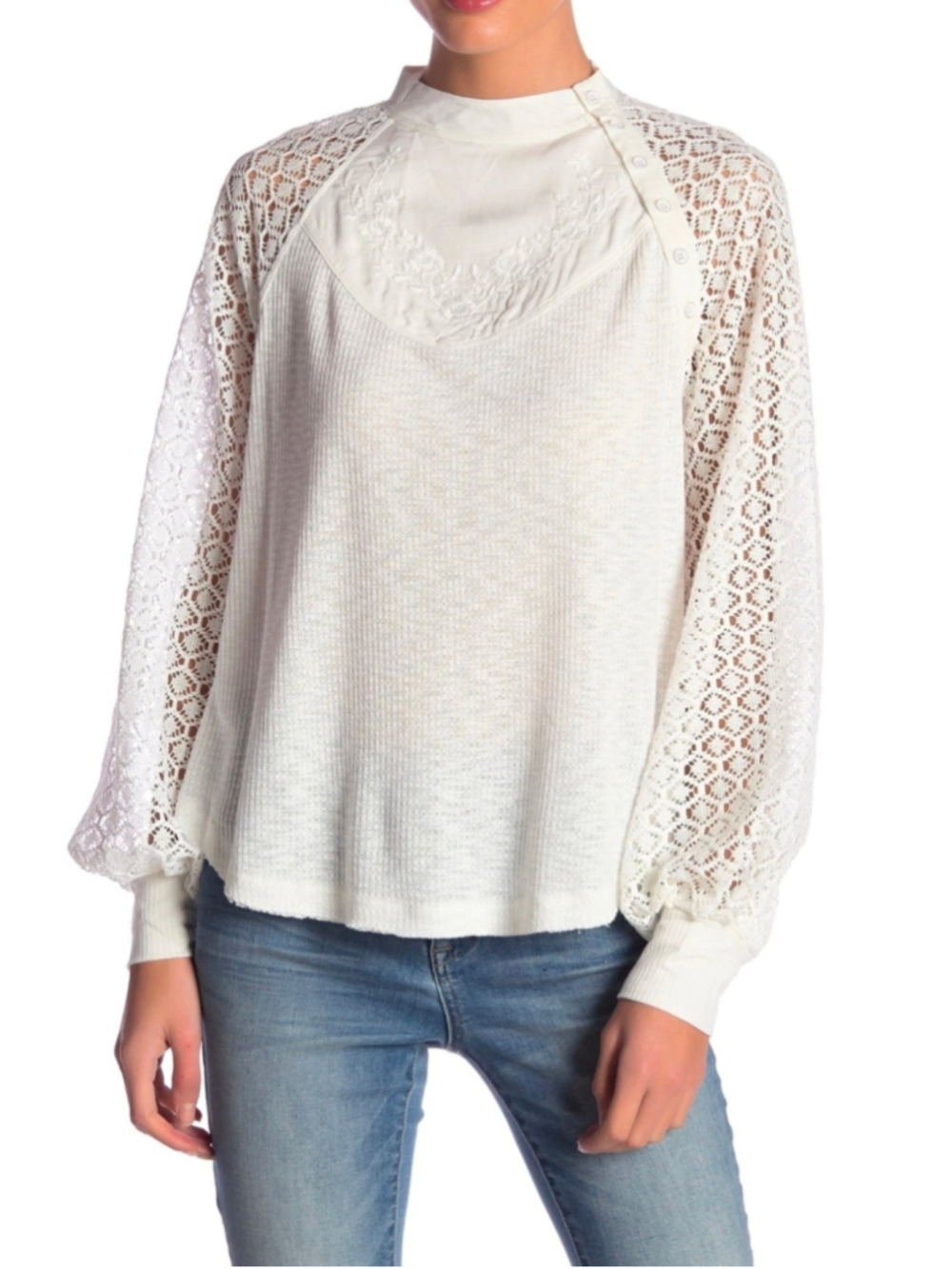 Free People Sweetest Thing Lace Thermal Top Ivory White M